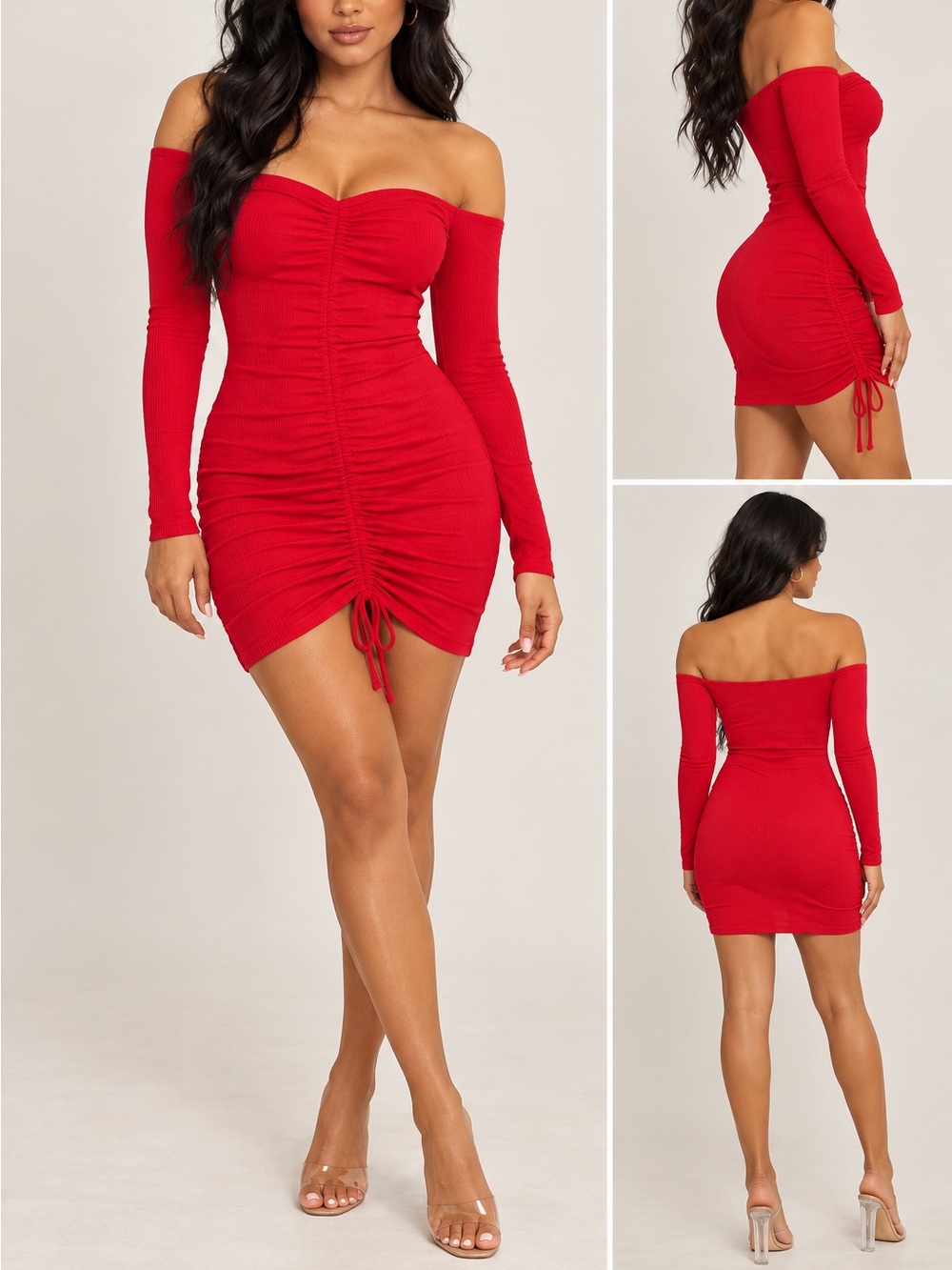 Prettylittlething Red Ribbed Bardot Ruched Bodycon Dress